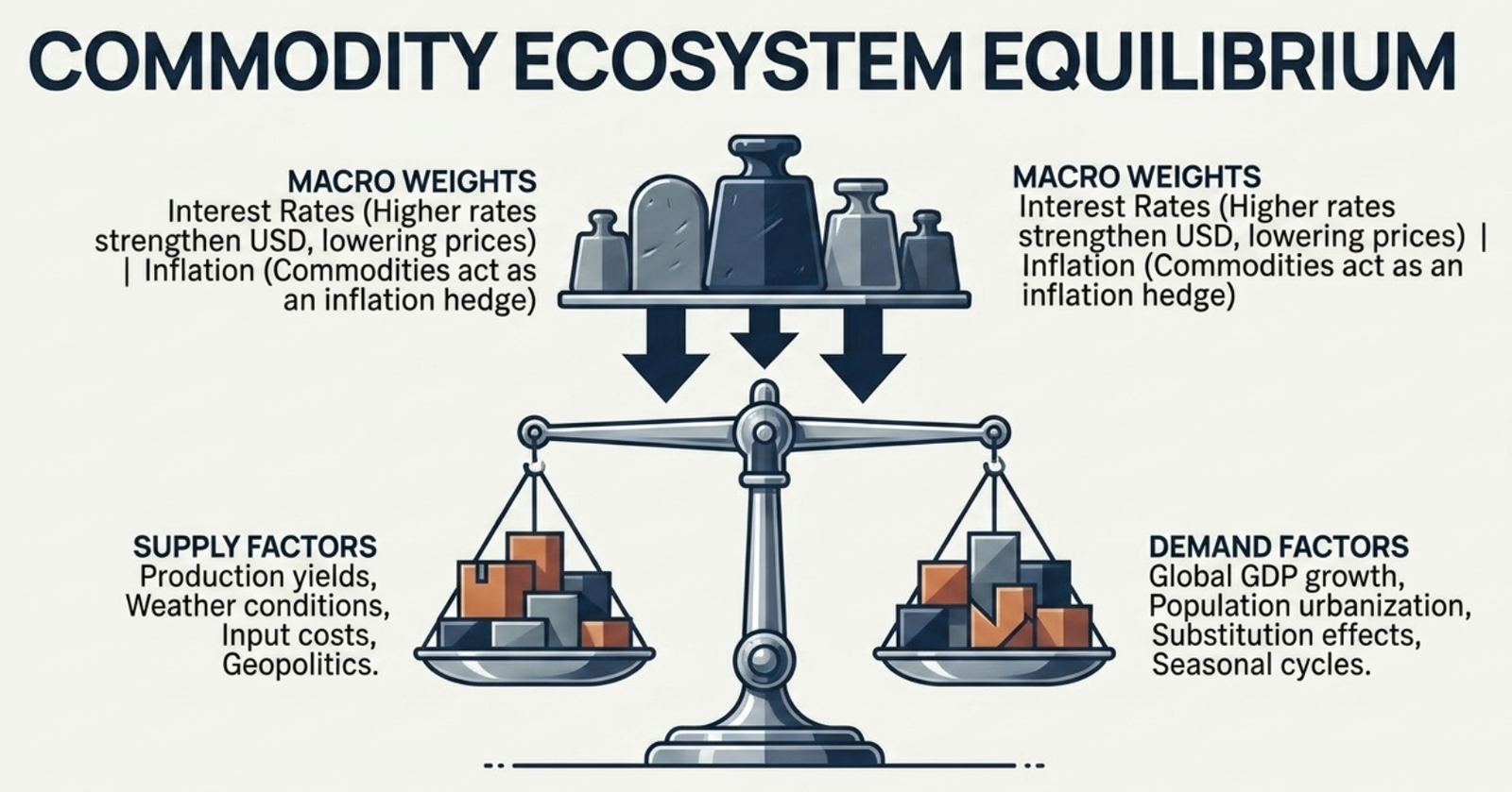 Commodity Ecosystem Equilibrium β balance scale showing Supply Factors (production, weather, geopolitics) vs Demand Factors (GDP growth, urbanisation, seasonal cycles) weighted by Macro (interest rates, inflation)