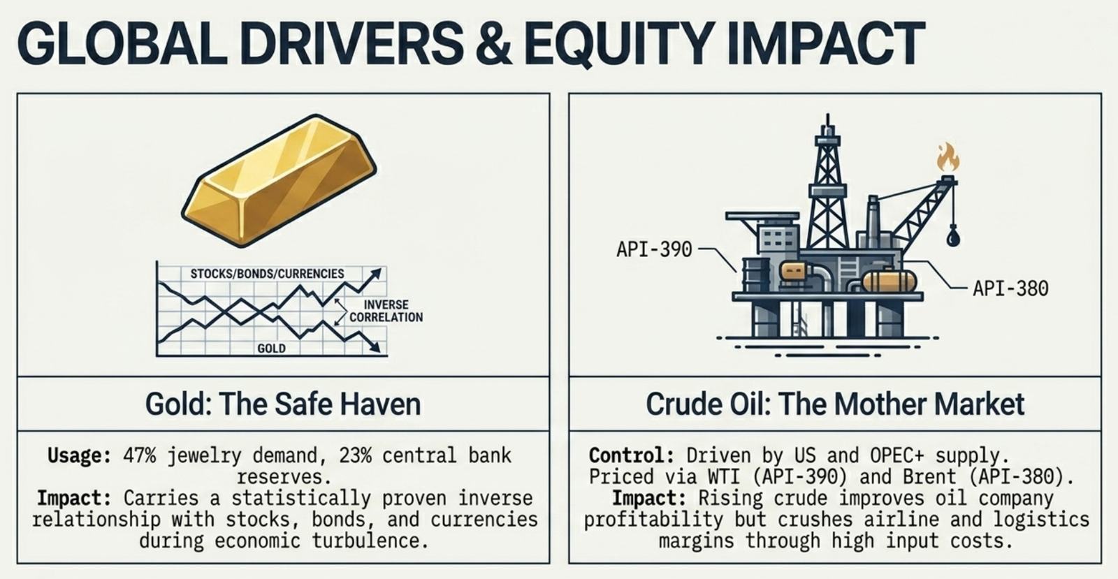 Global Drivers and Equity Impact β Gold as safe haven (inverse correlation with stocks) and Crude Oil as the mother market (OPEC, WTI/Brent, equity impact)