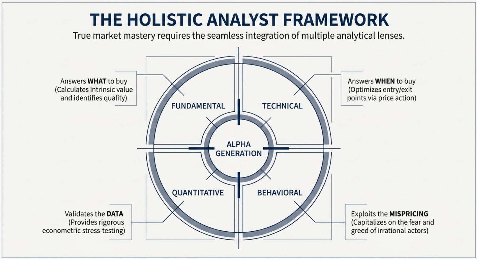 The Holistic Analyst Framework β circular diagram with Fundamental (WHAT to buy), Technical (WHEN to buy), Quantitative (validates DATA), and Behavioral (exploits MISPRICING) converging on Alpha Generation