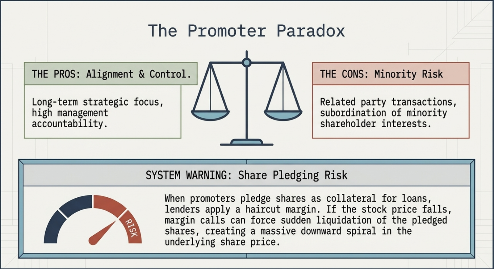 The Promoter Paradox: balance scale weighing Pros (long-term strategic focus, high management accountability) against Cons (related party transactions, subordination of minority shareholder interests), with Share Pledging Risk system warning