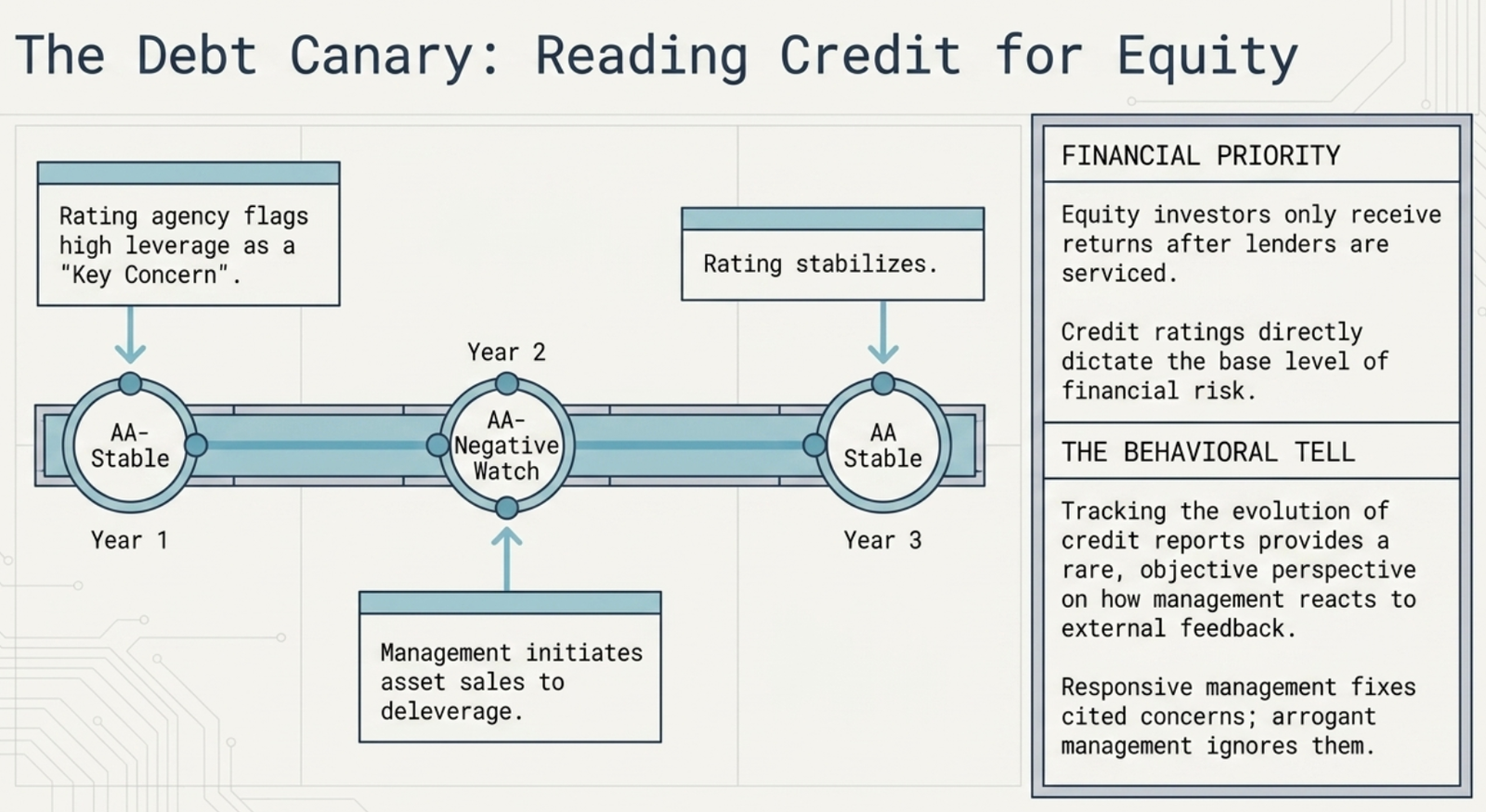 The Debt Canary β Reading Credit for Equity: rating evolution timeline from AA-Stable to AA-Negative Watch back to AA-Stable as management deleverages, with Financial Priority (equity is residual) and Behavioral Tell (management reaction to feedback) annotations