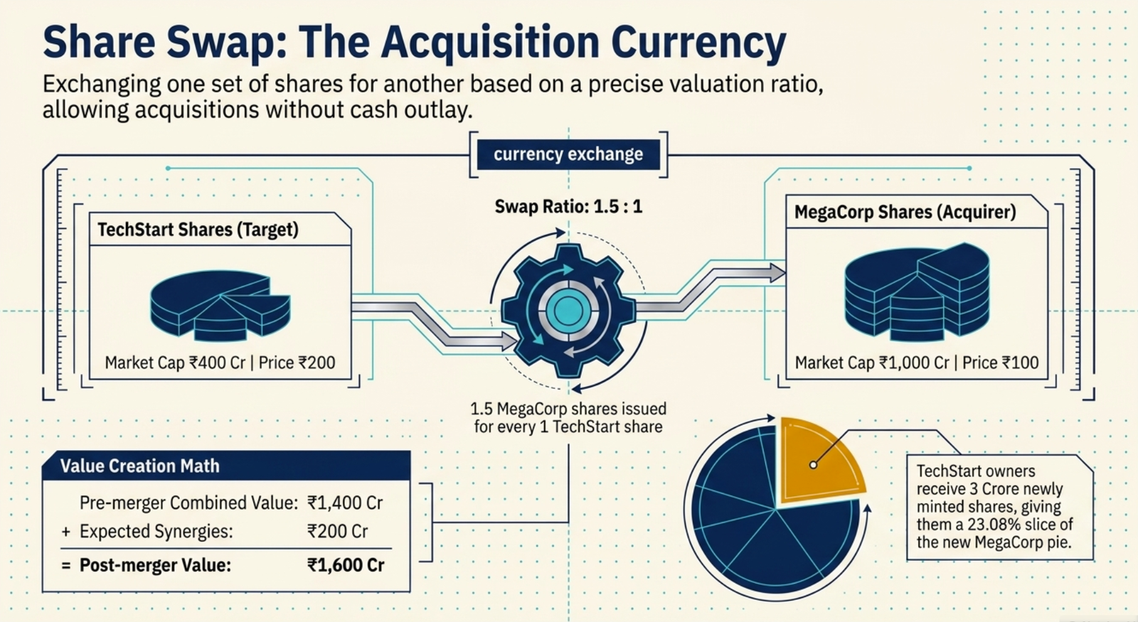 Share Swap: The Acquisition Currency — TechStart (target: market cap ₹400 Cr, price ₹200) exchanged at swap ratio 1.5:1 for MegaCorp shares (acquirer: market cap ₹1,000 Cr, price ₹100); 1.5 MegaCorp shares issued for every 1 TechStart share; value creation math: pre-merger ₹1,400 Cr + expected synergies ₹200 Cr = post-merger value ₹1,600 Cr; TechStart owners receive 3 Crore newly minted shares = 23.08% slice of the new MegaCorp