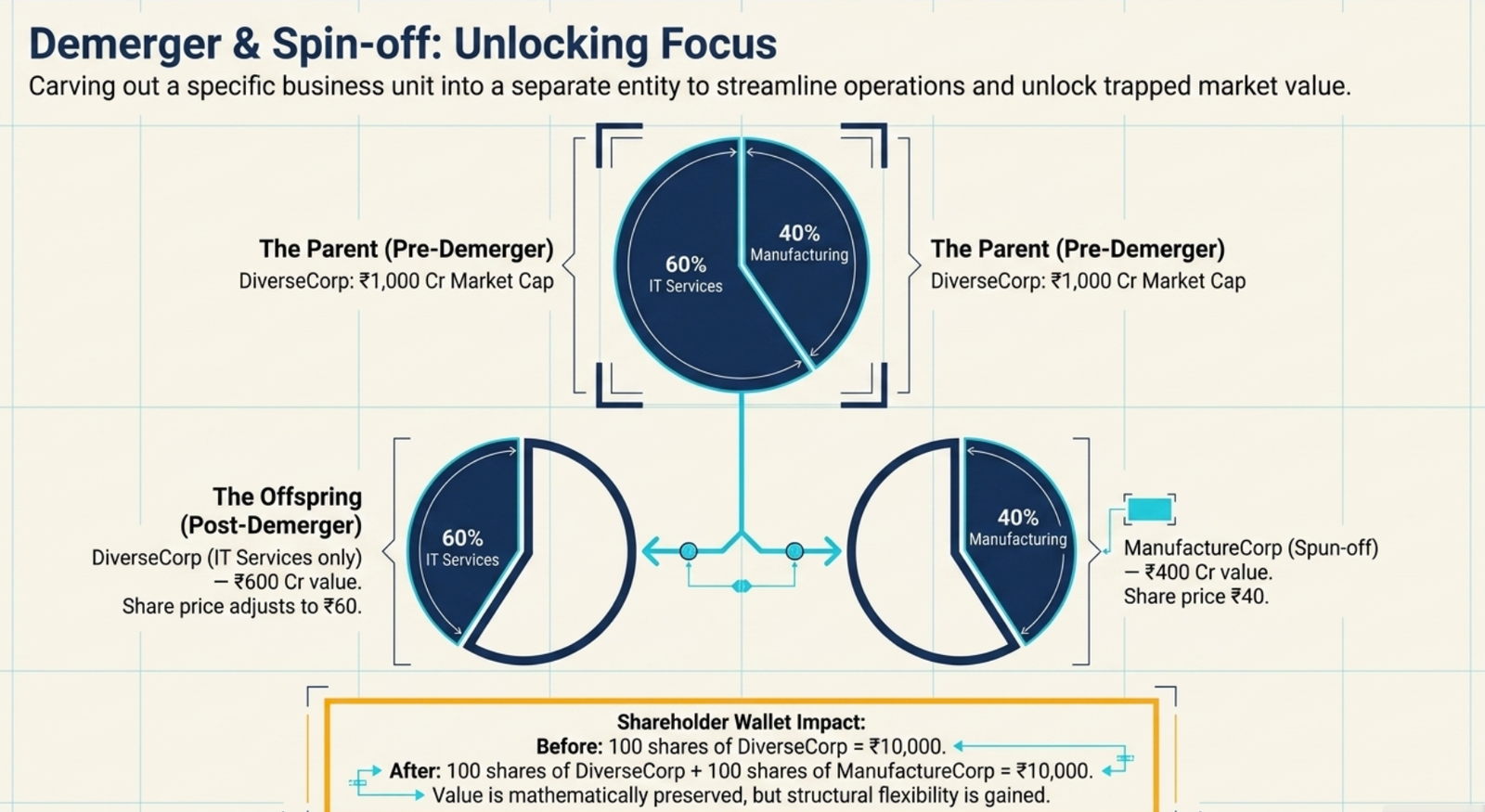 Demerger & Spin-off: Unlocking Focus — DiverseCorp pre-demerger: ₹1,000 Cr market cap with 60% IT Services + 40% Manufacturing; post-demerger: DiverseCorp (IT Services only) ₹600 Cr value at ₹60 share price + ManufactureCorp (spun-off Manufacturing) ₹400 Cr value at ₹40 share price; Shareholder Wallet Impact: before 100 shares of DiverseCorp = ₹10,000 → after 100 shares of DiverseCorp + 100 shares of ManufactureCorp = ₹10,000 (value preserved, structural flexibility gained)