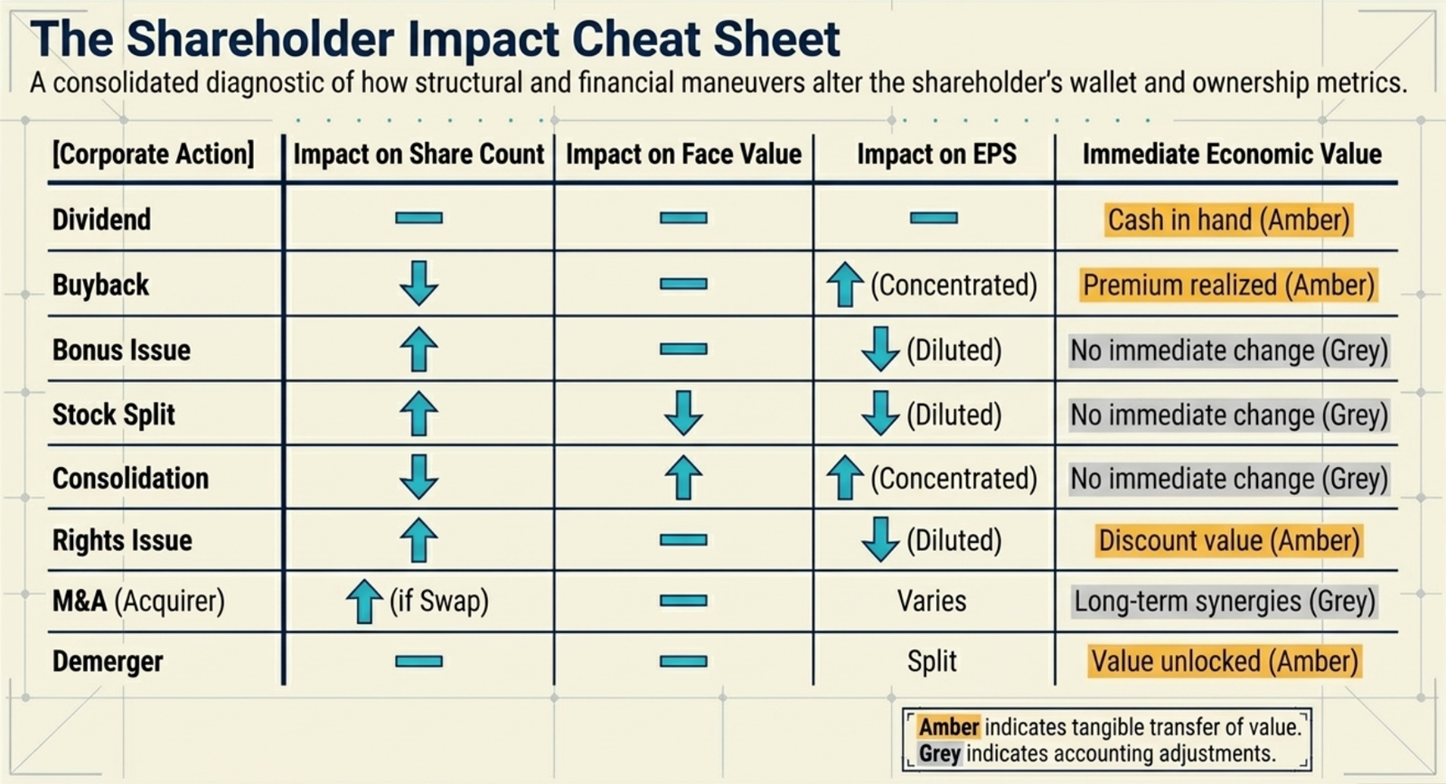 The Shareholder Impact Cheat Sheet: consolidated diagnostic of how corporate actions alter share count, face value, EPS, and immediate economic value — Dividend (no change to count/face/EPS; cash in hand), Buyback (share count down, EPS concentrated, premium realized), Bonus Issue (share count up, face value unchanged, EPS diluted, no immediate change), Stock Split (share count up, face value down, EPS diluted, no immediate change), Consolidation (share count down, face value up, EPS concentrated, no immediate change), Rights Issue (share count up, EPS diluted, discount value received), M&A acquirer (share count up if swap, EPS varies, long-term synergies), Demerger (shares split across entities, value unlocked)