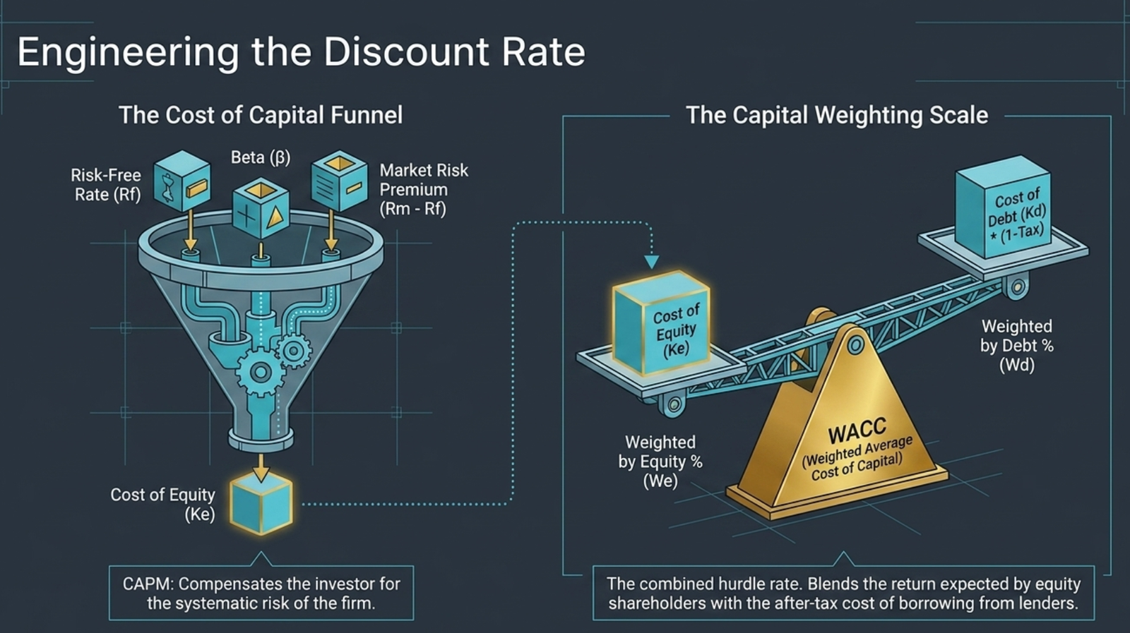 Engineering the Discount Rate β The Cost of Capital Funnel (CAPM): Risk-Free Rate (Rf) + Beta (Ξ²) + Market Risk Premium (Rm β Rf) funnelled together β Cost of Equity (Ke); CAPM compensates the investor for the systematic risk of the firm; The Capital Weighting Scale: Cost of Equity (Ke) weighted by Equity % (We) balanced against Cost of Debt (KdΓ(1βTax)) weighted by Debt % (Wd) β WACC (Weighted Average Cost of Capital); WACC is the combined hurdle rate that blends the return expected by equity shareholders with the after-tax cost of borrowing from lenders