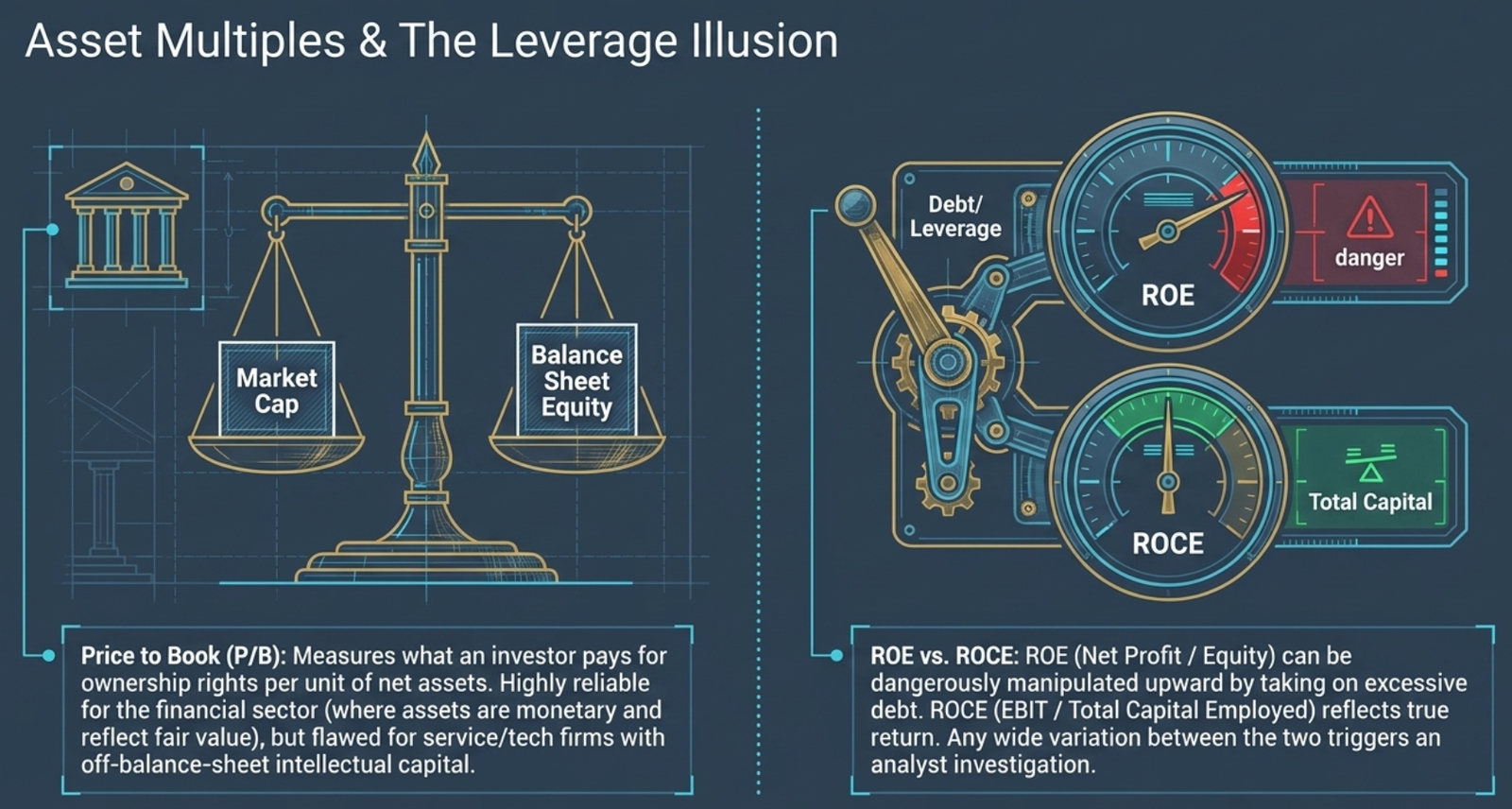 Asset Multiples & The Leverage Illusion β Price to Book (P/B): balance scale comparing Market Cap vs. Balance Sheet Equity; measures what an investor pays for ownership rights per unit of net assets; highly reliable for the financial sector where assets are monetary and reflect fair value, but flawed for service/tech firms with off-balance-sheet intellectual capital; ROE vs. ROCE dials: ROE (Net Profit/Equity) shown in danger zone β can be dangerously manipulated upward by taking on excessive debt/leverage; ROCE (EBIT/Total Capital Employed) shown in safe zone β reflects true return on invested capital; any wide variation between the two triggers an analyst investigation