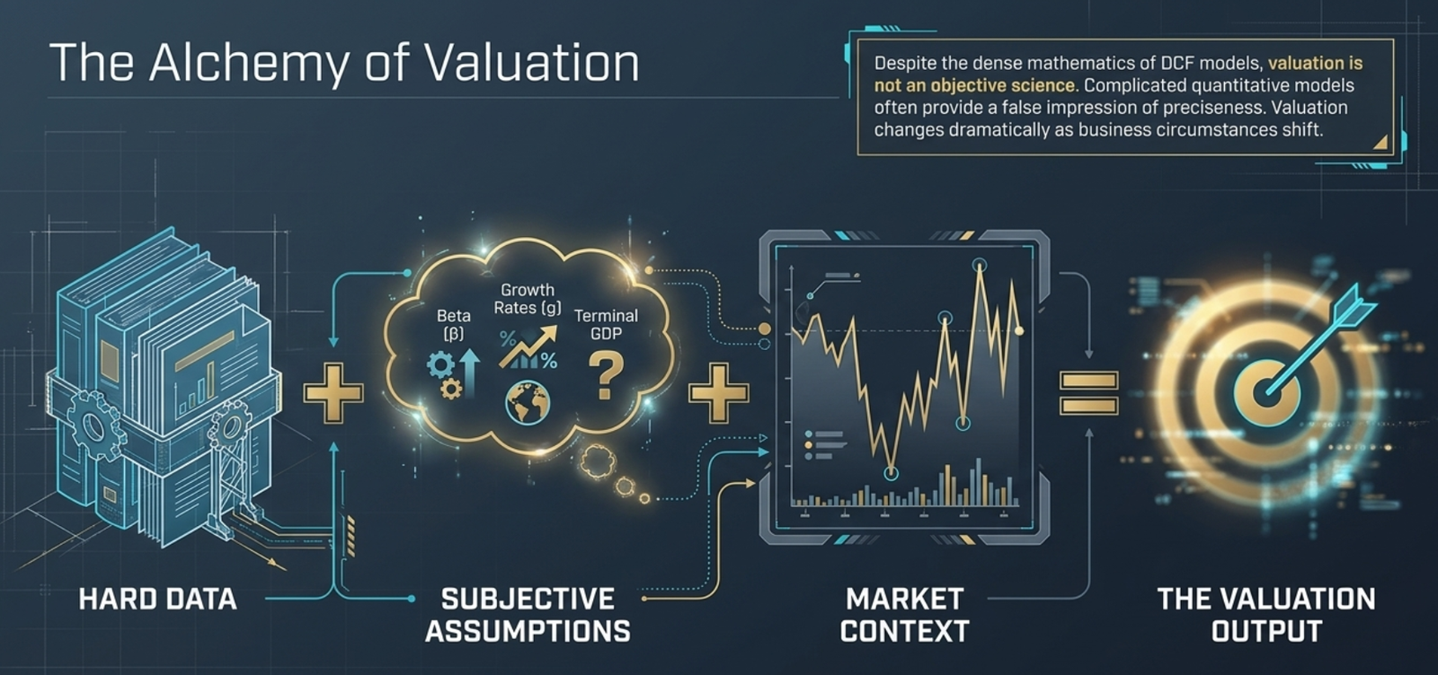 The Alchemy of Valuation β equation: Hard Data (financial statements, historical figures) + Subjective Assumptions (Beta Ξ², Growth Rates g, Terminal GDP ?, analyst judgment) + Market Context (current sentiment, comparable multiples, macro conditions) = The Valuation Output (a precise-looking number that is inherently an estimate); core warning: despite the dense mathematics of DCF models, valuation is not an objective science β complicated quantitative models often provide a false impression of preciseness; valuation changes dramatically as business circumstances shift