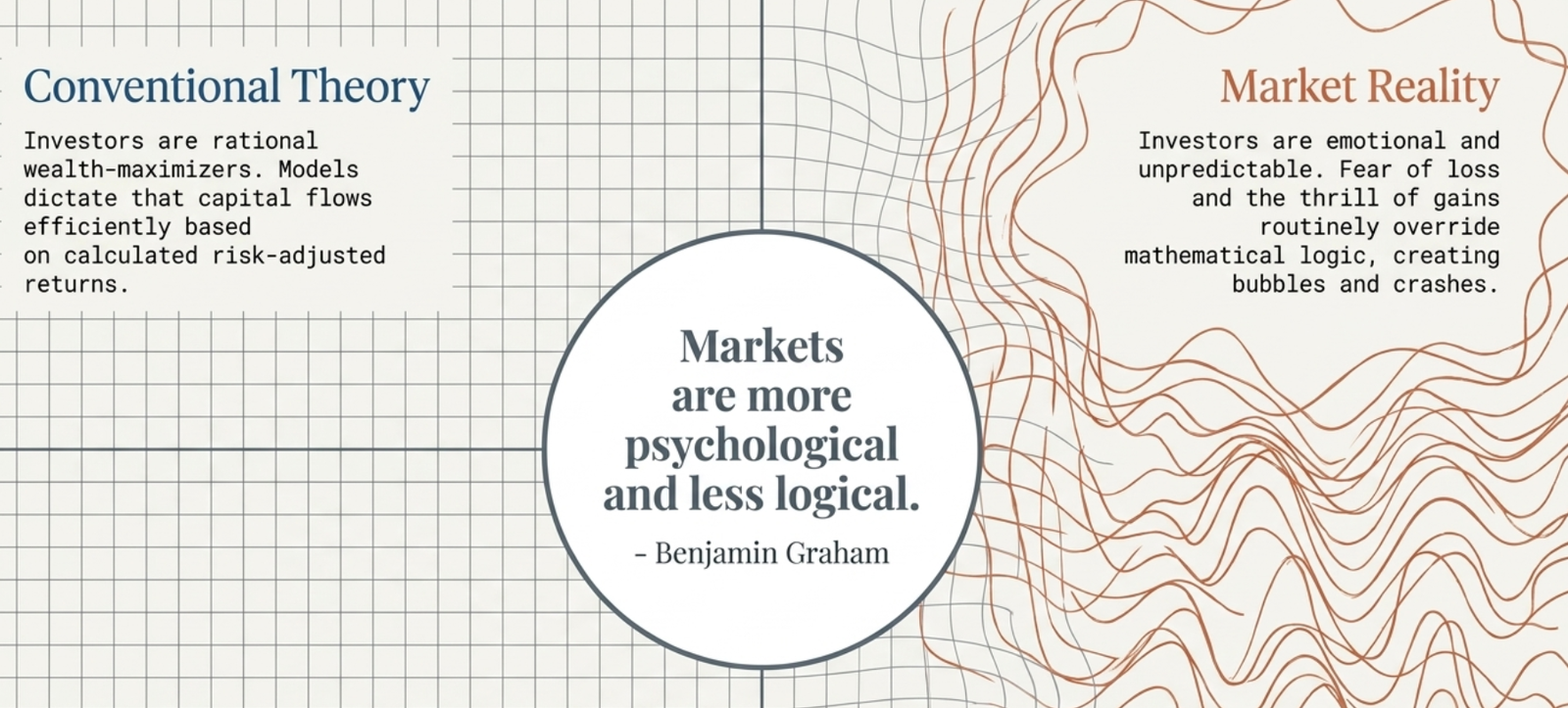 Conventional Theory vs Market Reality: split panel showing rational wealth-maximizer model on left vs emotional, fear-driven investor behavior on right with Benjamin Graham quote