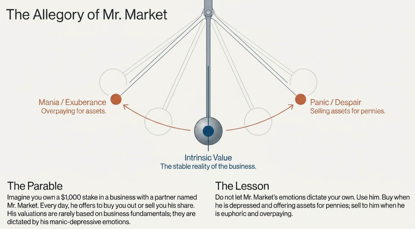 The Allegory of Mr. Market: pendulum diagram swinging between Mania/Exuberance (overpaying for assets) and Panic/Despair (selling for pennies), with Intrinsic Value as the stable centre