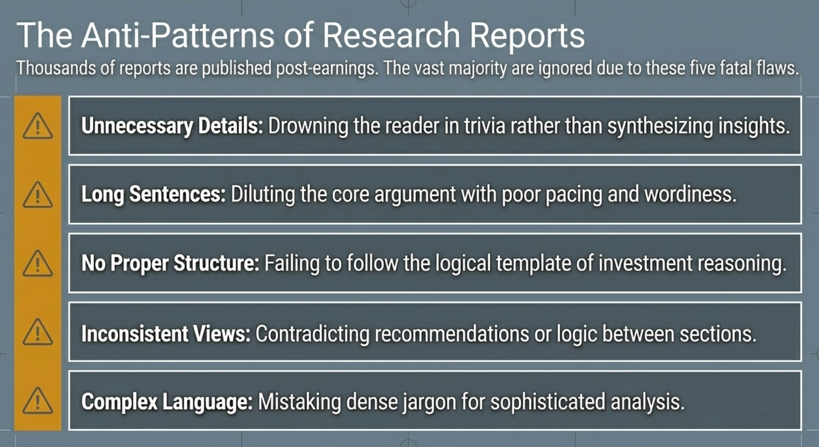 The five anti-patterns that cause research reports to fail β unnecessary detail, long sentences, poor structure, inconsistent views, and complex language