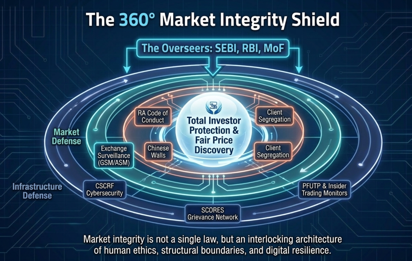 The 360° Market Integrity Shield: SEBI, RBI, and MoF overseeing interlocking layers of RA Code of Conduct, Chinese Walls, exchange surveillance, CSCRF cybersecurity, SCORES grievance network, and PFUTP/insider trading monitors